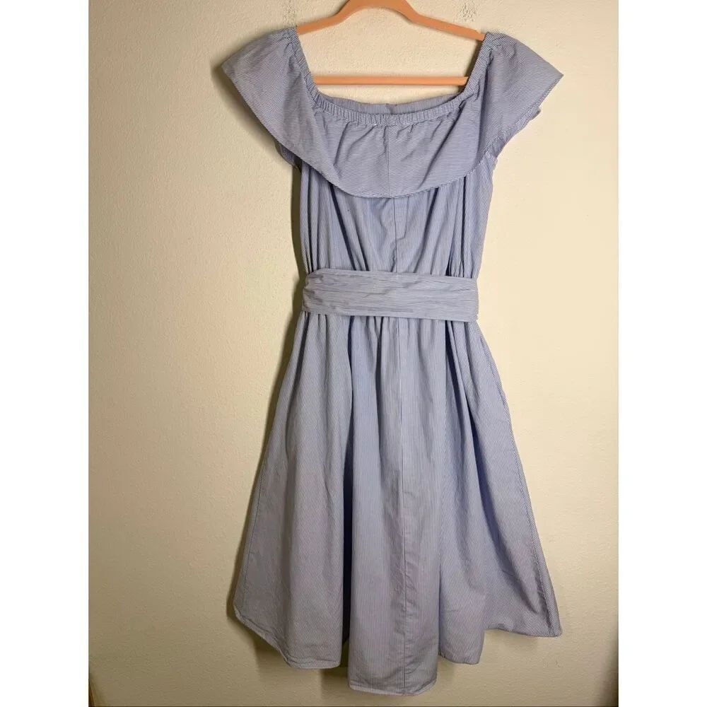 Saks Fifth Avenue Blue Striped Off Shoulder Dress Belted High Low Cotton Size L - Picture 6 of 16